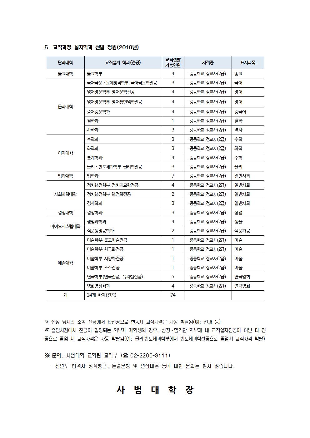 2019학년도 비사범계 교직과정 선발