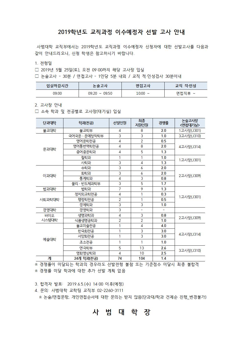 2019학년도 교직과정 이수예정자 추가 선발 고사 안내001
