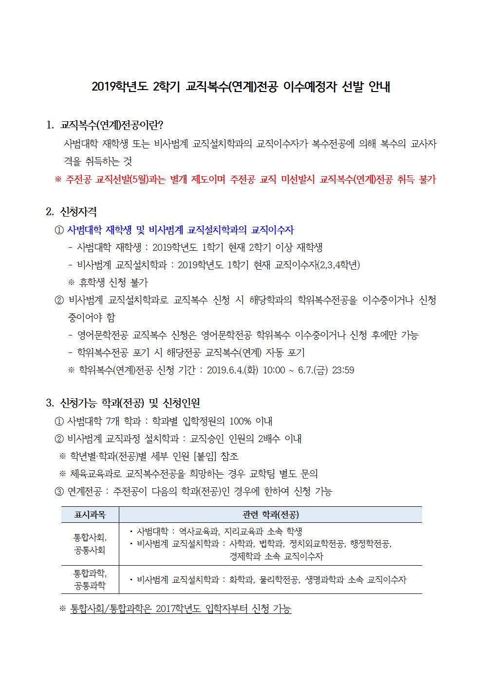 2019학년도 2학기 교직복수(연계)전공 이수예정자 선발 안내