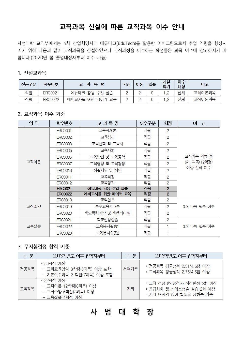 교직과목 신설에 따른 교직과목 이수안내