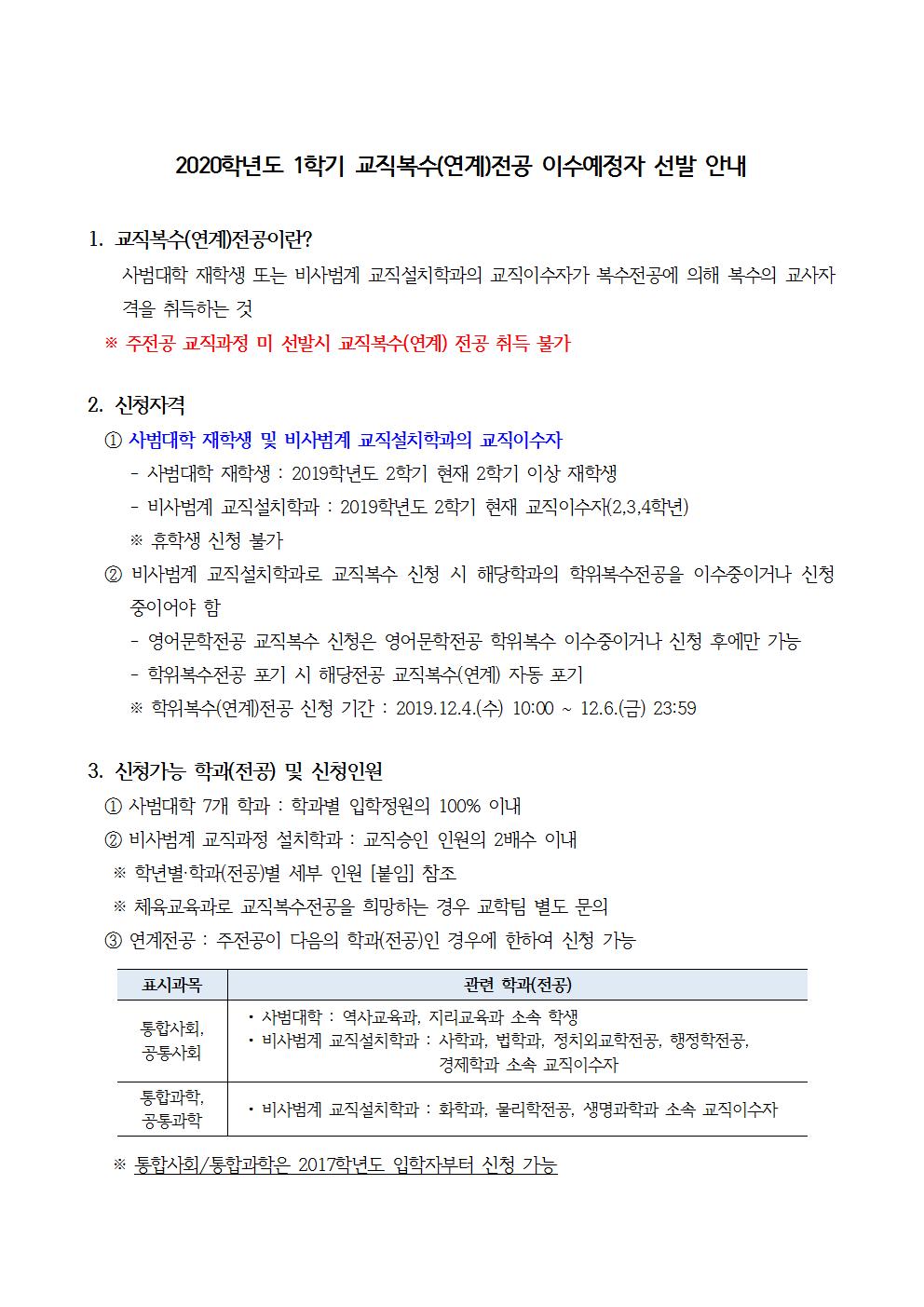 2020학년도 1학기 교직복수(연계)전공 선발 안내(홈페이지공지)