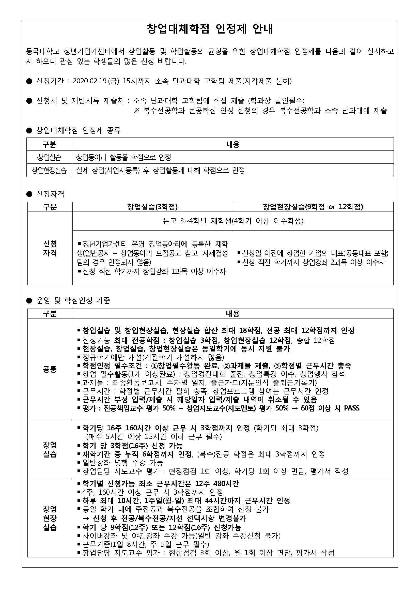 창업대체학점 인정제 안내 게시글 1