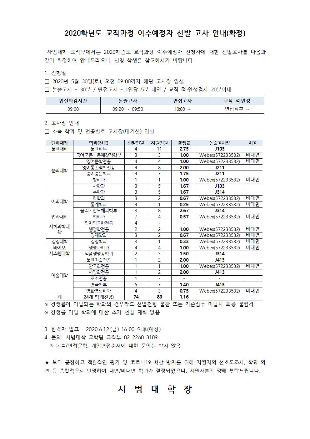 2020학년도 교직과정 이수예정자 선발 고사 안내(확정)