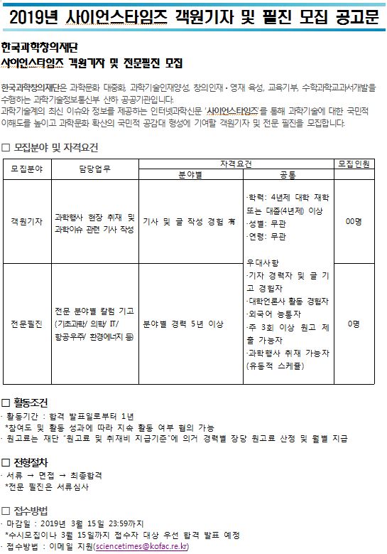 2019년 사이언스타임즈 신규 객원기자 모집