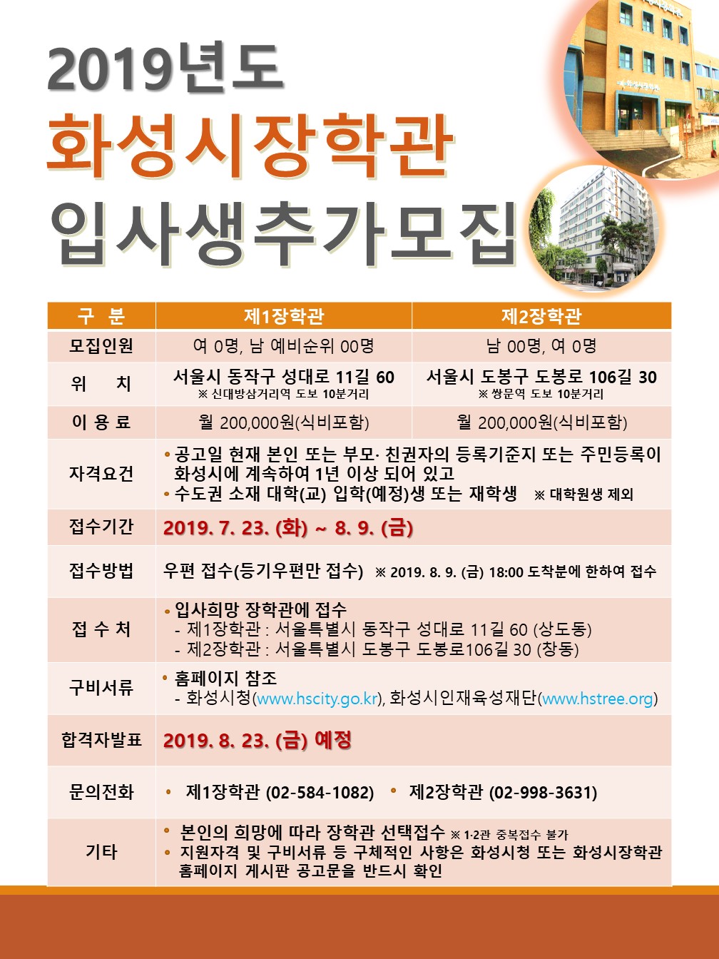 2019년도 화성시장학관 입사생 추가모집