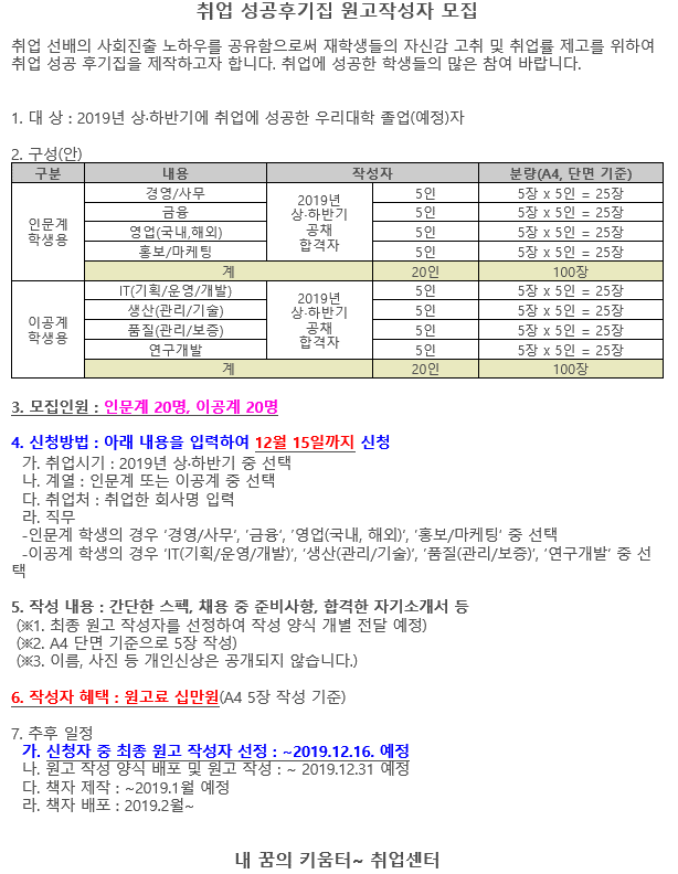 취업성공후기집 원고작성자 모집