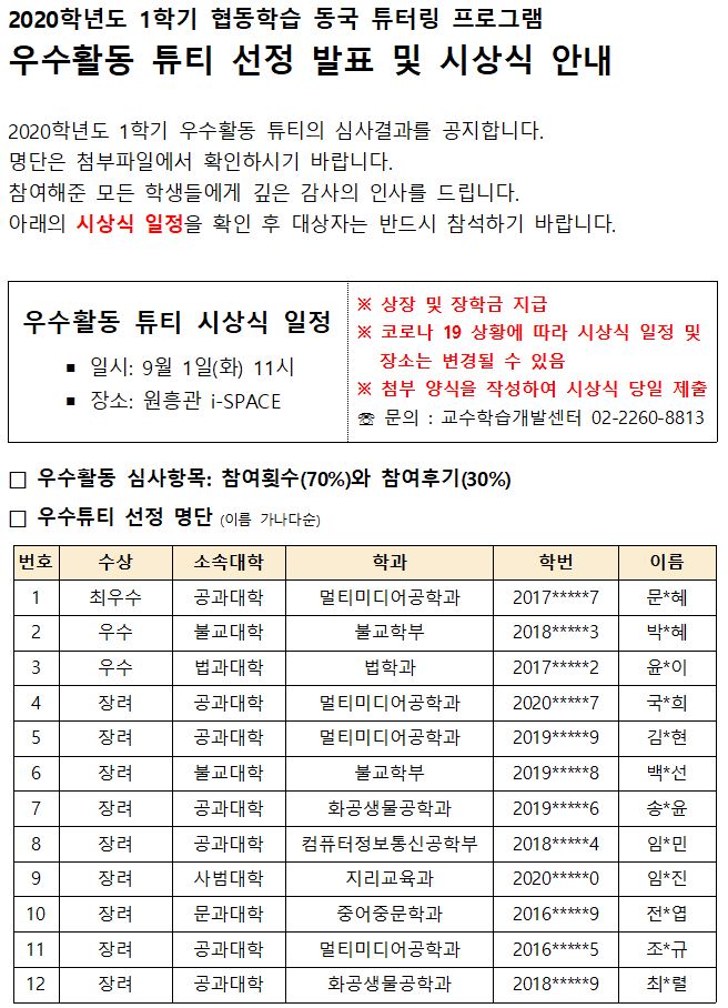 동국 튜터링 우수활동 튜티 선정 및 시상식 안내