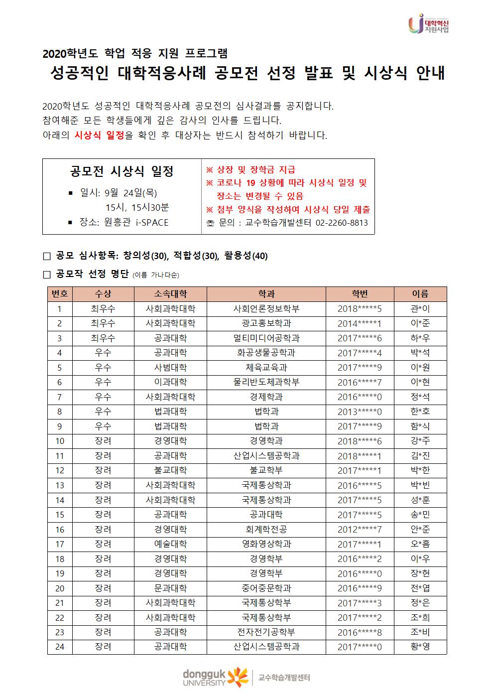 2020-1 성공적인 대학적응사례 UCC&에세이 선정 발표