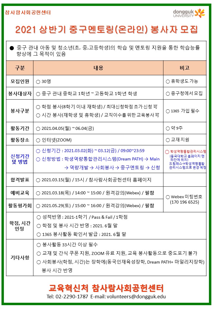 2021 상반기 중구멘토링 온라인 봉사자 모집 안내