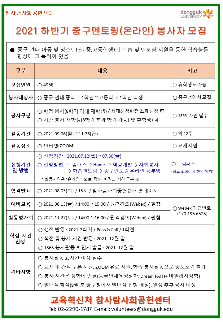 2021 하반기 중구멘토링 온라인 봉사자 모집 안내
