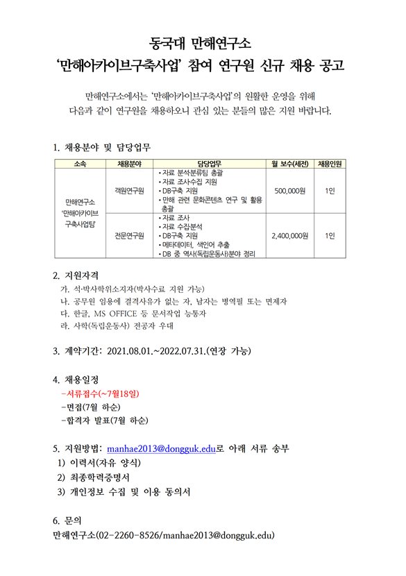 만해연구소 연구원 채용 공고