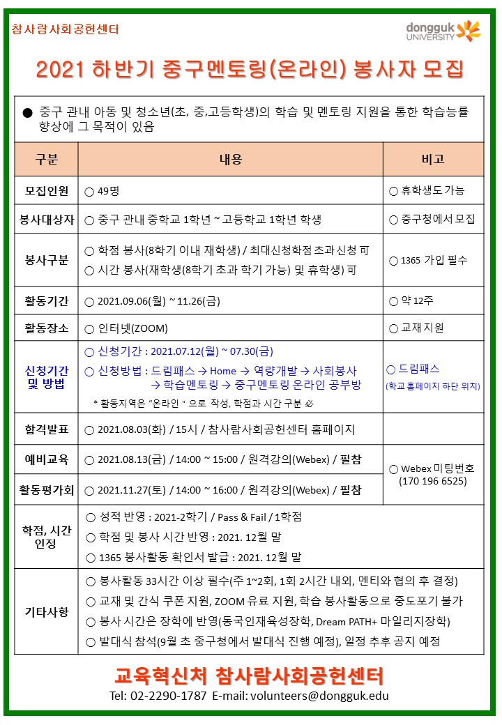 2021 하반기 중구멘토링 온라인 봉사자 모집 안내 