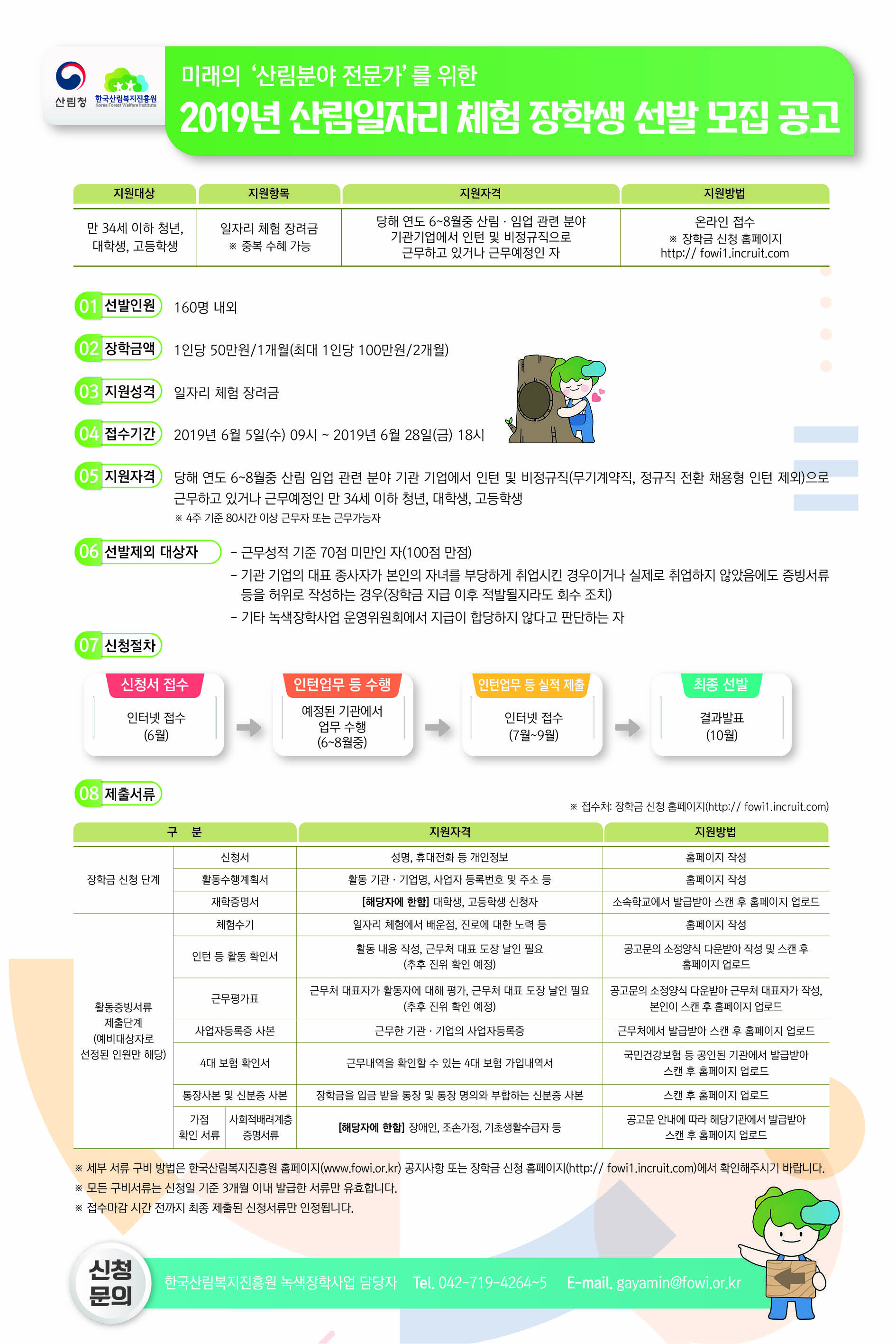 2019년 산림 일자리 체험 장학생 선발 모집 공고