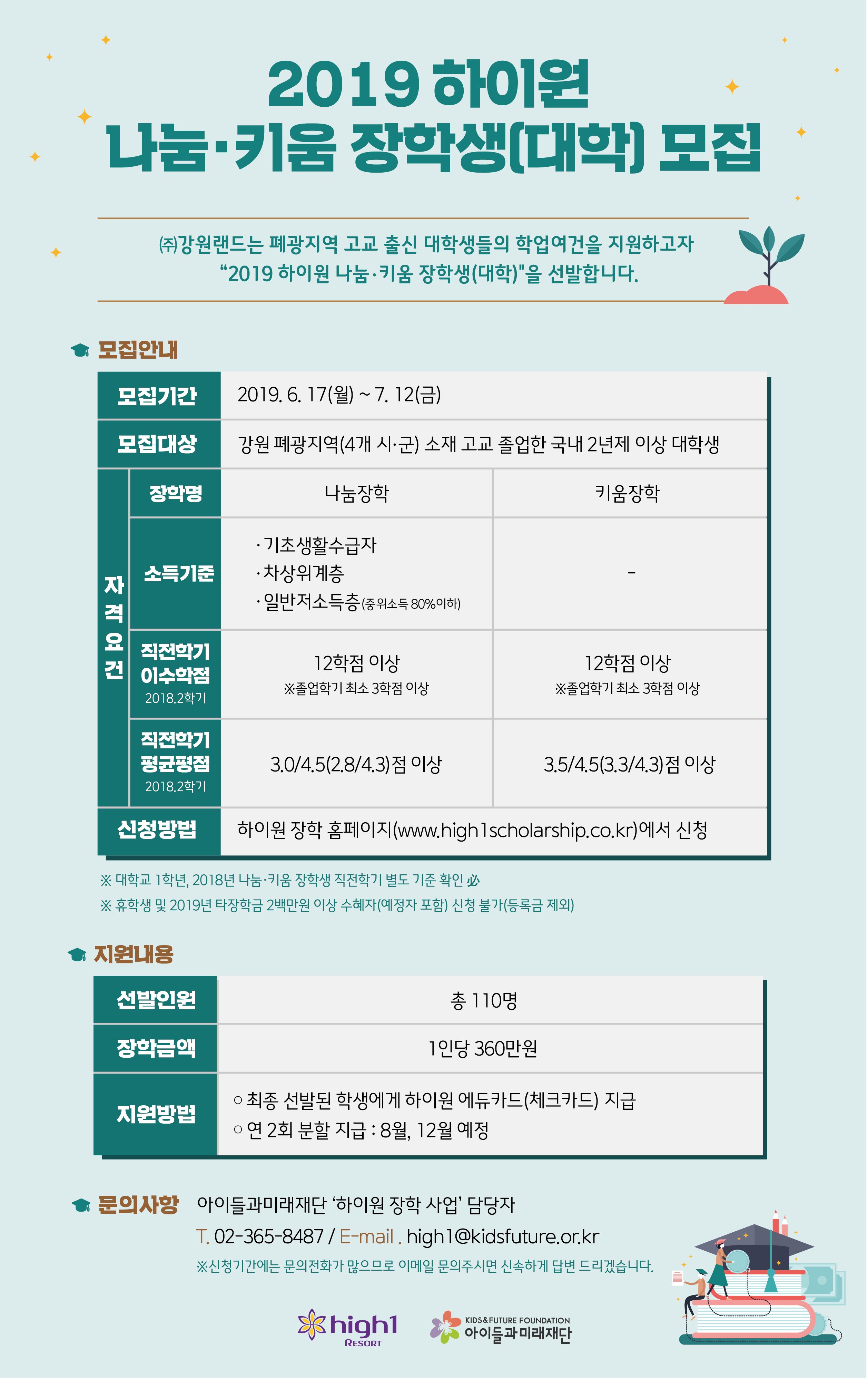 [강원랜드] 2019 하이원 나눔·키움 장학생(대학) 모집 안내