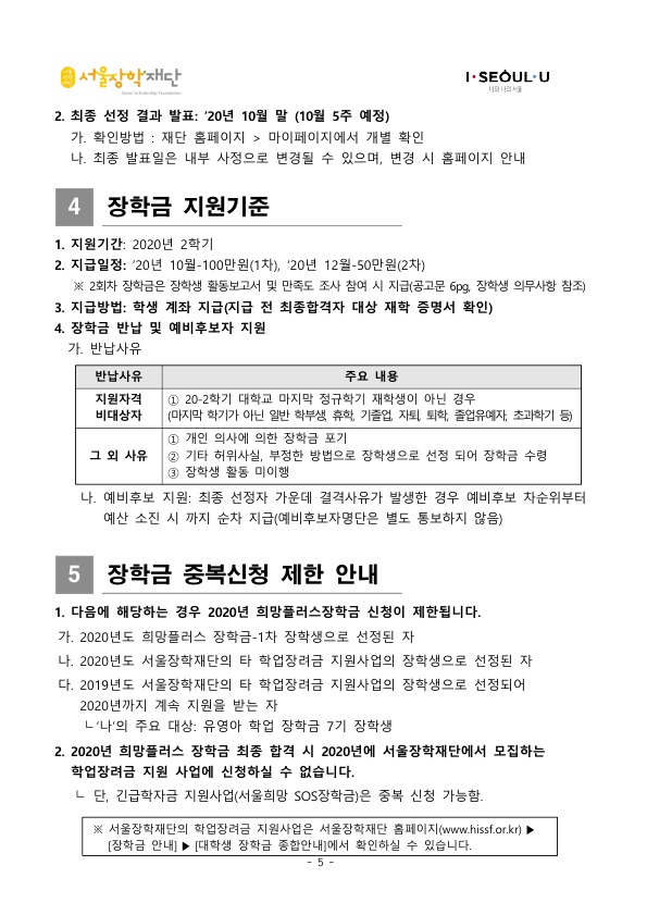 2020 희망플러스 장학금 2차 공고문