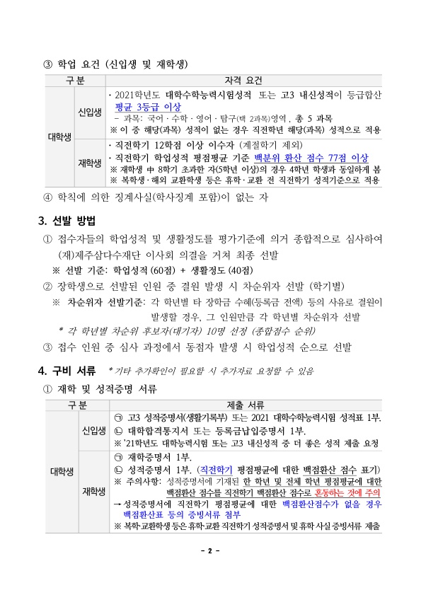 2021년도 삼다수 장학생 모집 안내