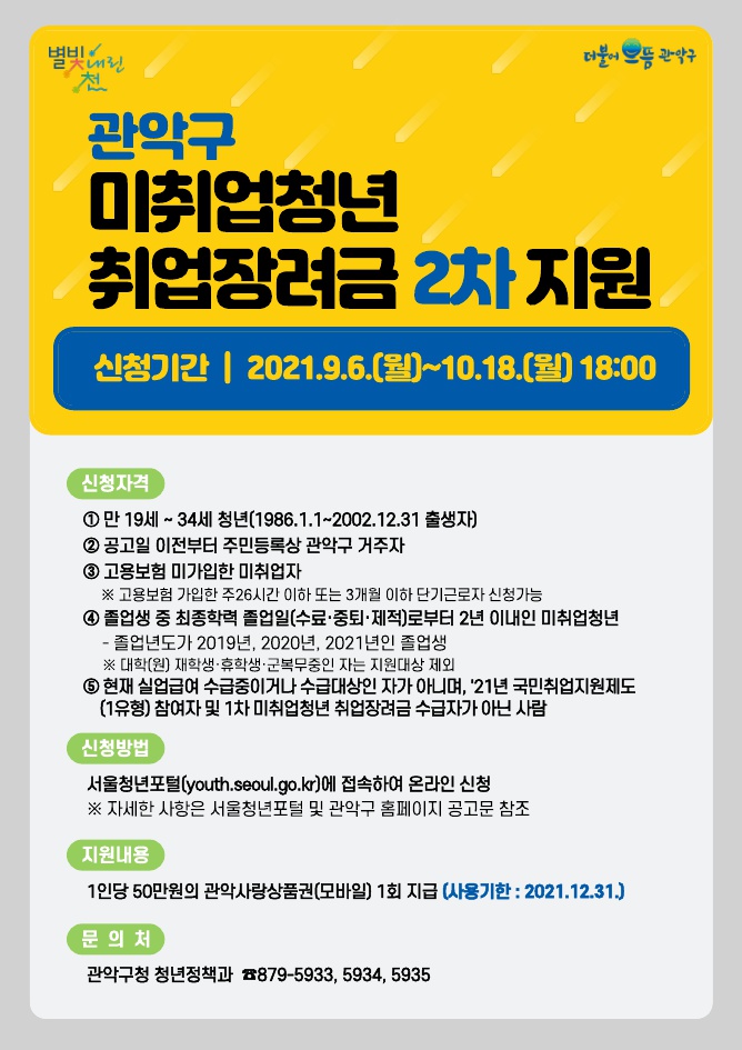 관악구 미취업청년 취업장려금 2차 지원 안내