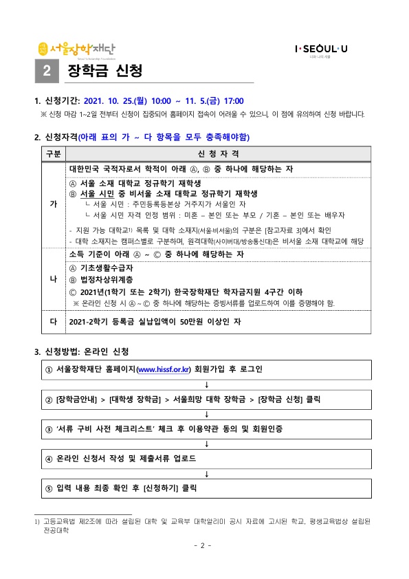 2021년 2학기 서울희망대학 장학금