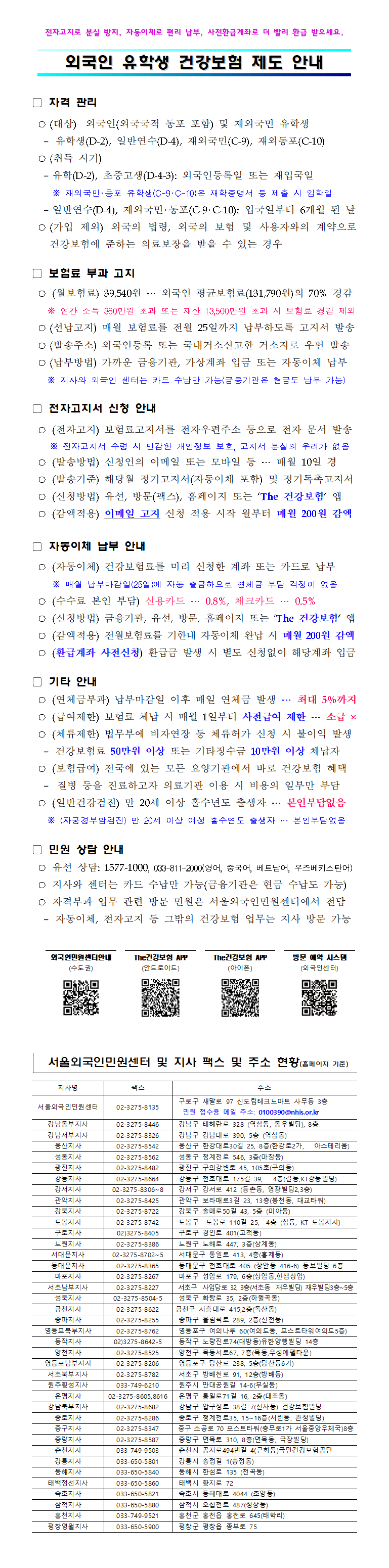 외국인유학생 건강보험 제도 안내문(자격대상, 보험료 납부안내 등)