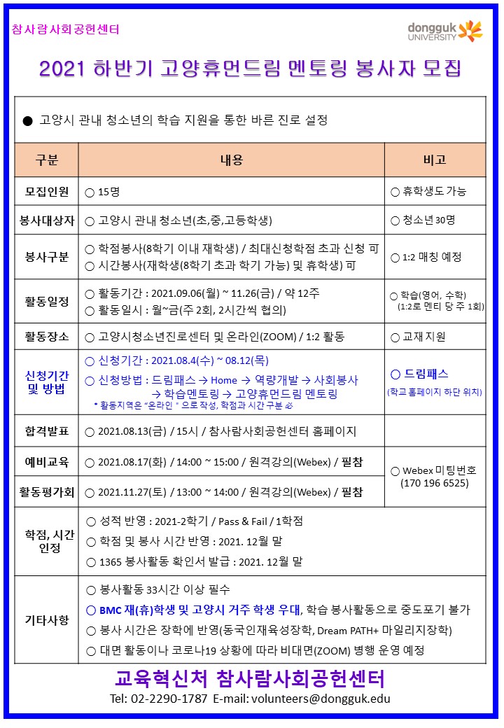 2021 하반기 고양휴먼드림 멘토링 봉사자 모집 